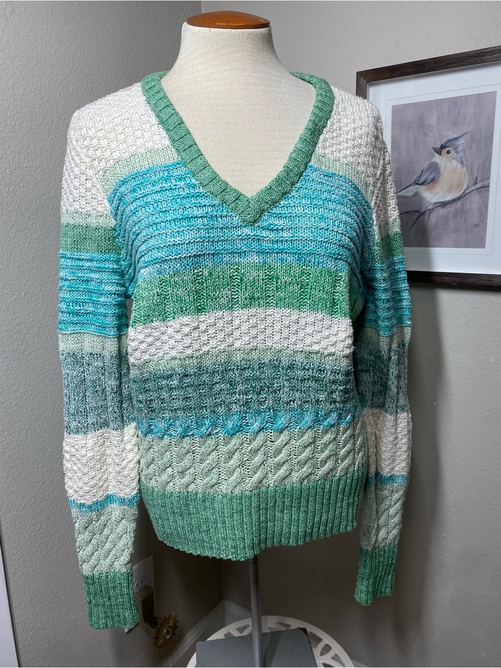 Cabi Mix Stitch Stripes Cable Knit V Neck Sweater Women’s Size Medium #6170